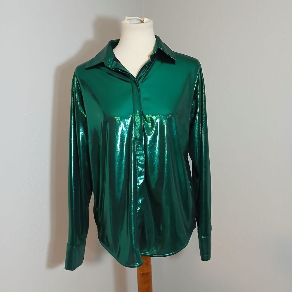 Anthropologie Gillian Liquid Shine Green Long Sleeve Button Down Shirt Size S - Picture 2 of 12